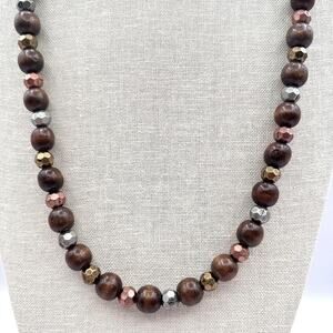 Vintage 80s Chunky Wood Bead Necklace Color Mixed Metal Silver Copper Jewelry